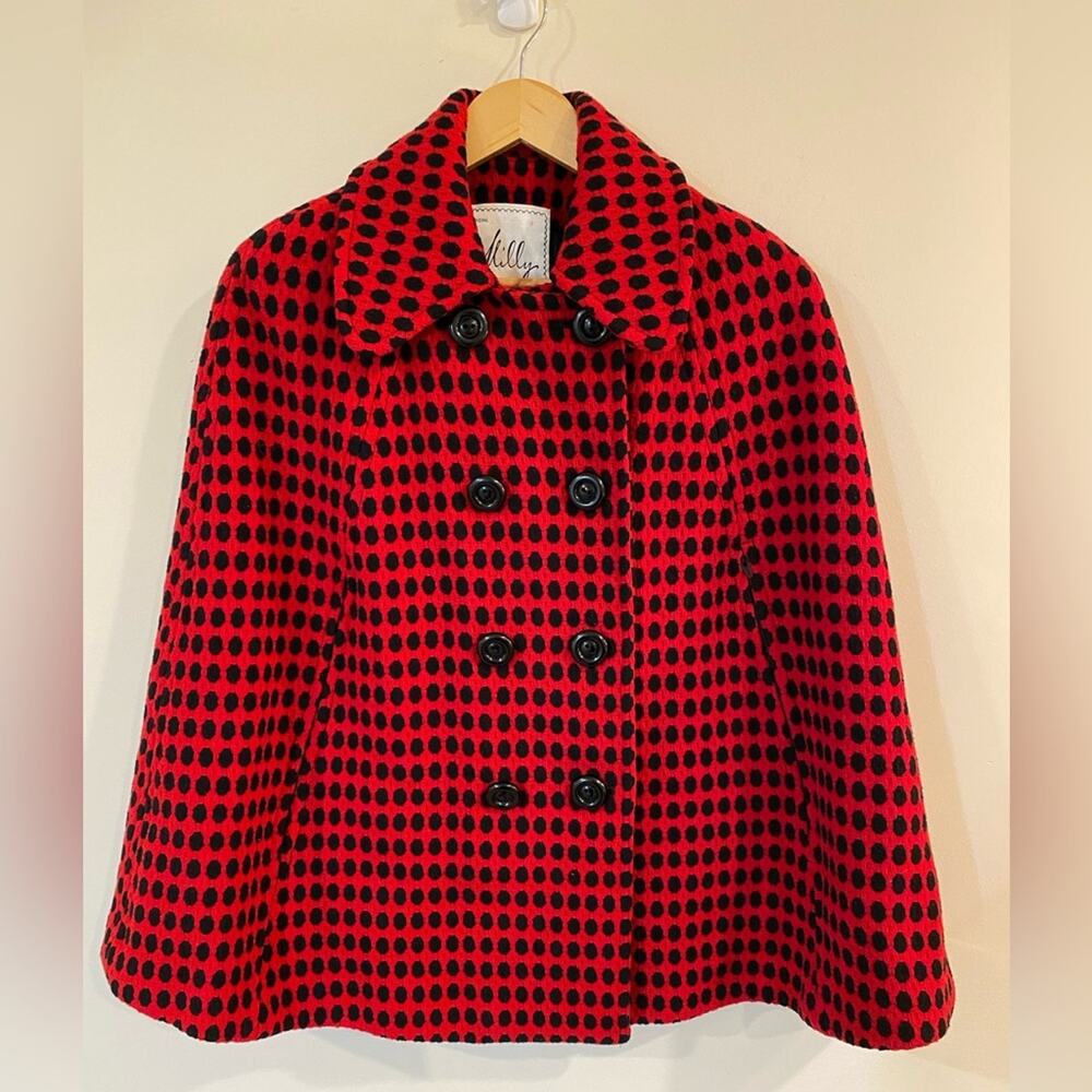 MILLY Beautiful Red & Black Circle Check 100% Wool Cape Lined Classic statement